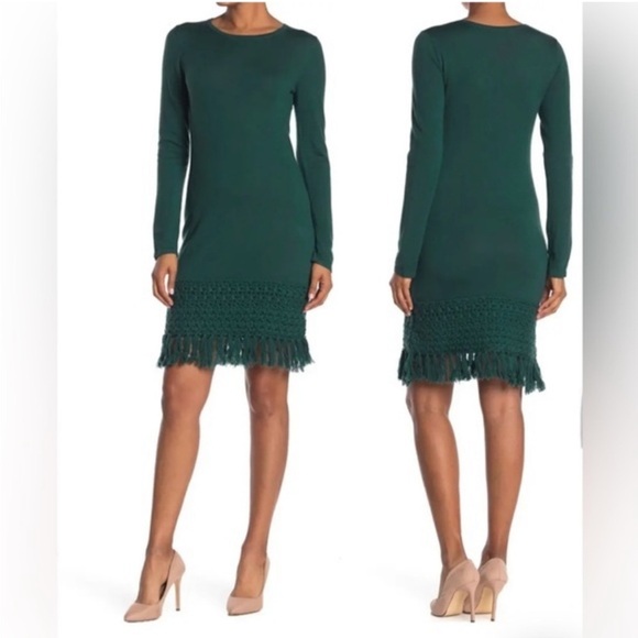 Trina Turk Over Ice Tassel Hem Merino Wool Sweater Dress in Bottle Green. Size M - Picture 1 of 15